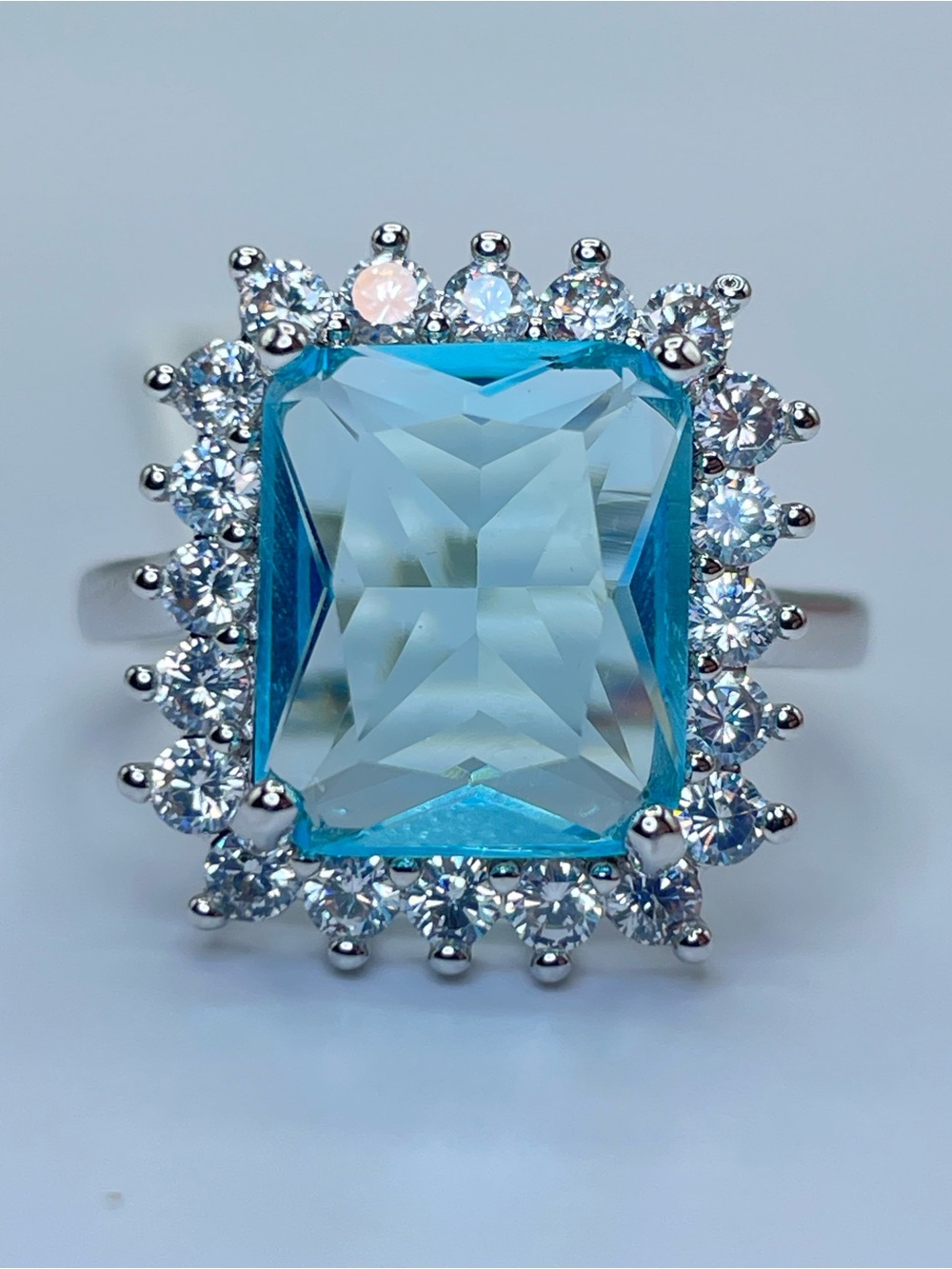 Swarovski Crystal Elements Aquamarine Blue Crystal Halo Art Deco Ring Sz 9